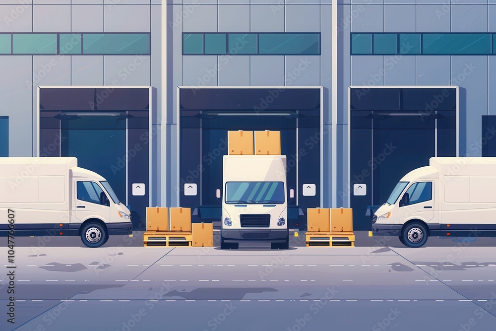 Poster Several trucks and vans are parked at a warehouse, preparing for loading with stacks of boxes on pallets nearby. Generative AI