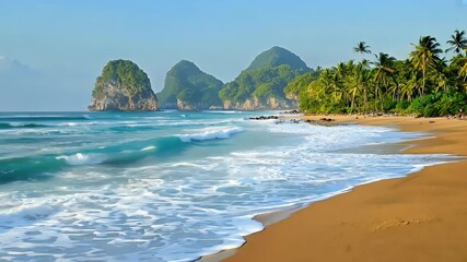 stunning 4K wideangle view vibrant sea waves crashing Beach remote tropical paradise perfect nature lovers beachgoers alike wave water coast