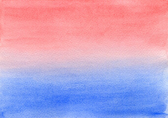 Delicate light colours blue and coral pink watercolor gradient background. Tender pastel red and ultramarine watercolour textured concept for sunset sky and water design, banner