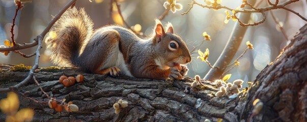 Naklejka premium Squirrel sitting on a branch eating a nut, surrounded by spring blossoms and soft sunlight. Free copy space for banner.