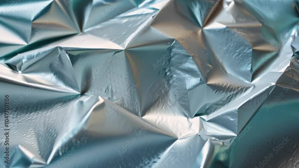 Poster The crumpled surface of aluminum foil showcases a variety of light reflections and textures, creating an abstract visual effect. The interplay of shadows adds depth to the scene.