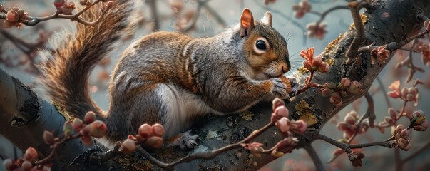 Obraz premium Squirrel sitting on a branch eating a nut, surrounded by spring blossoms and soft sunlight. Free copy space for banner.