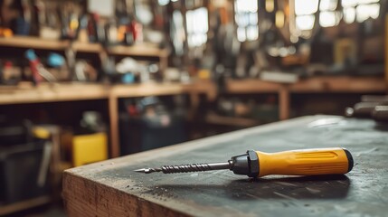Fototapeta premium A screwdriver placed on a table within a workshop setting, showcasing empty space for decoration.