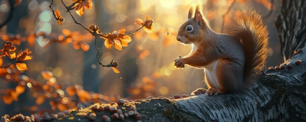 Fototapeta premium Squirrel sitting on a branch eating a nut, surrounded by spring blossoms and soft sunlight. Free copy space for banner.