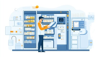 Pharmacist filling a prescription at a self-service pharmacy kiosk.