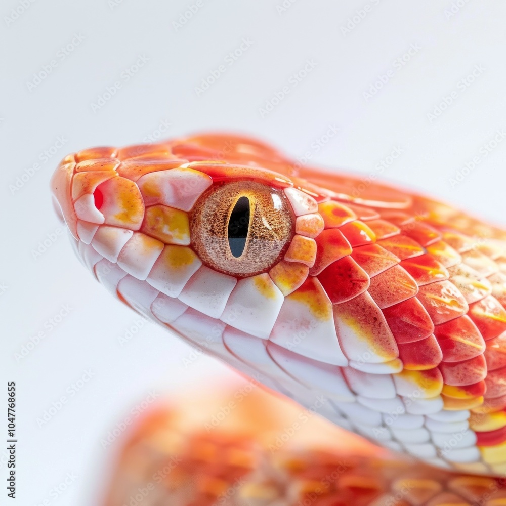 Poster corn snake is coiled loosely displaying its striking orange and red patterns. the detailed texture o