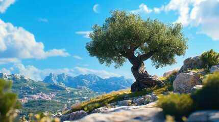 Olive Tree on Rocky Hill Under Blue Sky
