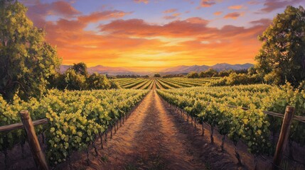 Naklejka premium A picturesque vineyard with rows of grapevines, leading towards a stunning sunset over a mountain range.