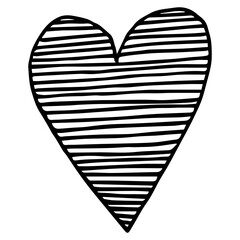 A minimalist geometric heart doodle icon. Black contour, horizontal hand-drawn lines. Valentine's, love, romantic, anniversary, wedding