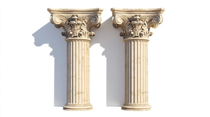 Obraz premium Two Ornate Stone Columns With Capitals and Shadows Isolated on White Background