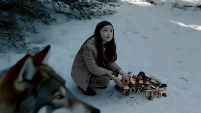 girl pick up mushrooms with a wolf in the snow forest