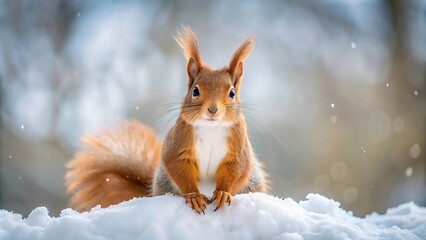 Symmetrical cute red squirrel in the falling snow winter in England