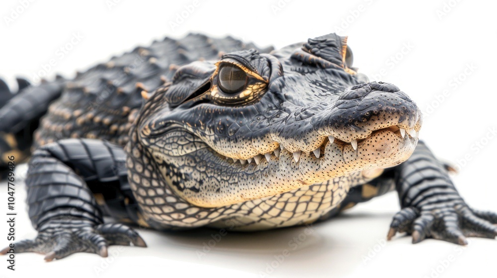 Poster Cuban crocodile is lying down on a white background allowing a close up view of its rough skin and distinctive features in soft shadows.