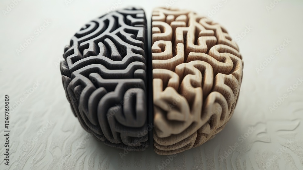 Poster artistic brain model split into half, black and white, showing complexity interconnected patterns