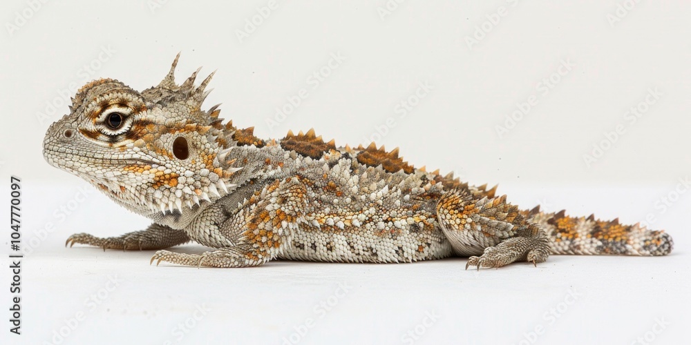 Poster desert horned lizard characterized by its distinctive spiky scales is displayed against a pristine w