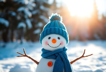 Winter holiday christmas background banner - Closeup of cute funny laughing snowman with wool hat and scarf, on snowy snow snowscape with bokeh lights, illuminated by the sun (Generative Ai)