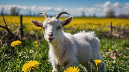 Obraz premium Young Goat in Field of Yellow Flowers