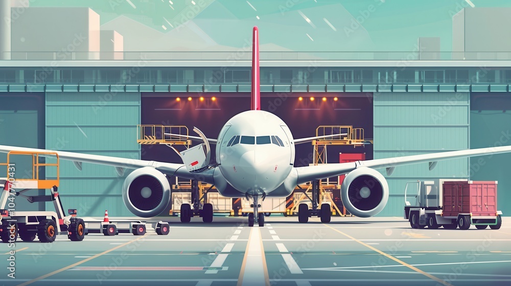 Poster a cargo airplane stands on the runway as various loading and unloading equipment busily prepares for