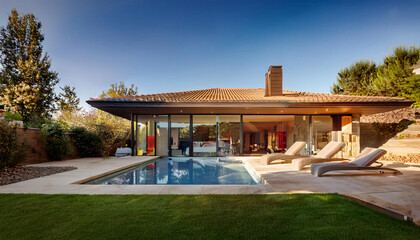 Fototapeta premium A modern villa with a swimming pool and a large lawn. The villa is made of stone and has a tiled roof