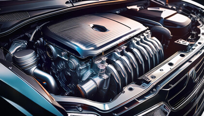 Obraz premium A modern car engine with a sleek black cover and silver stripes