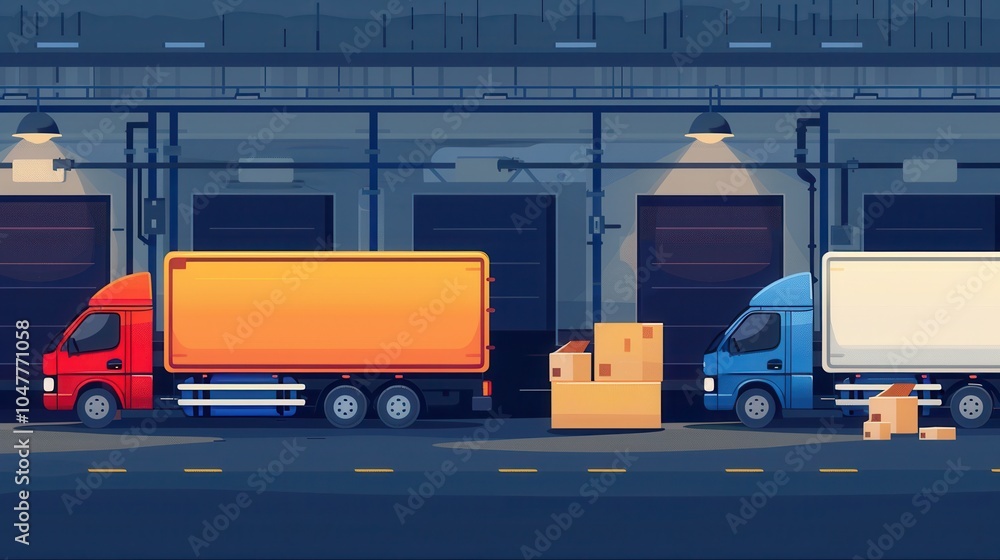 Poster several trucks and vans stand parked at a warehouse, fully loaded and ready for shipment as evening 
