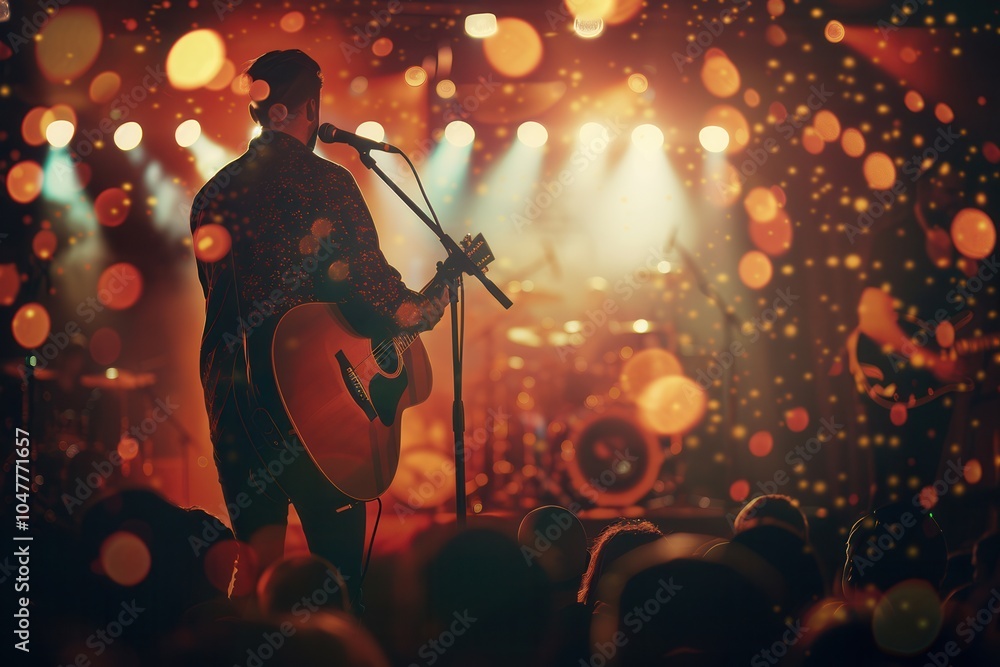 Aufkleber energetic musicians perform on stage as bright lights illuminate the venue, creating an enthusiastic