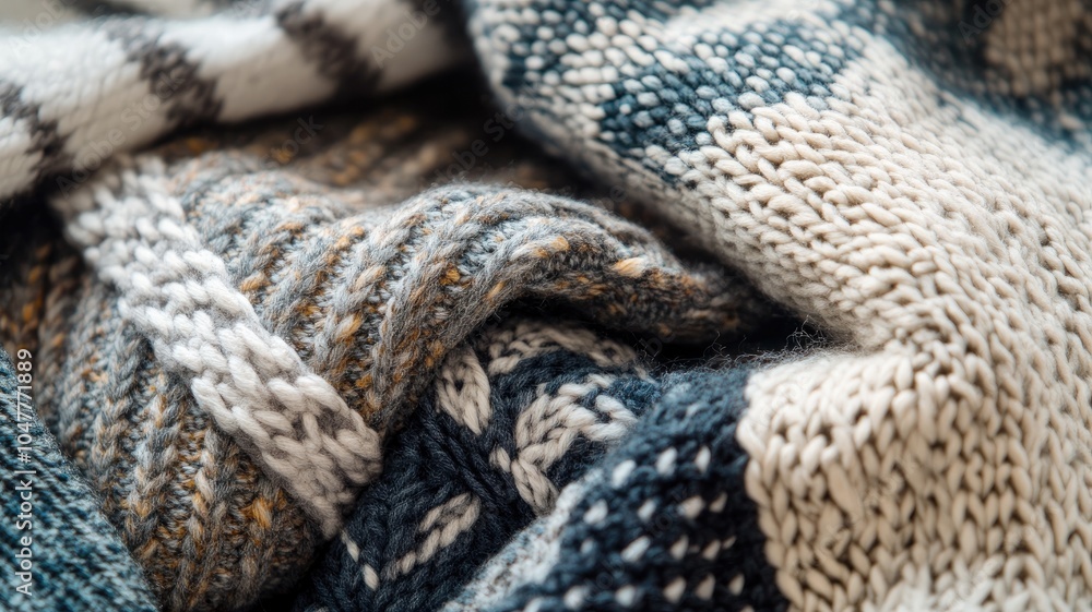 Poster close-up of colorful knitted fabrics with various patterns and textures