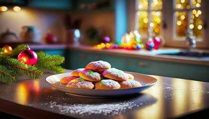 A cozy kitchen with Pfeffernüsse cookies, twinkling lights, and a warm, festive atmosphere.