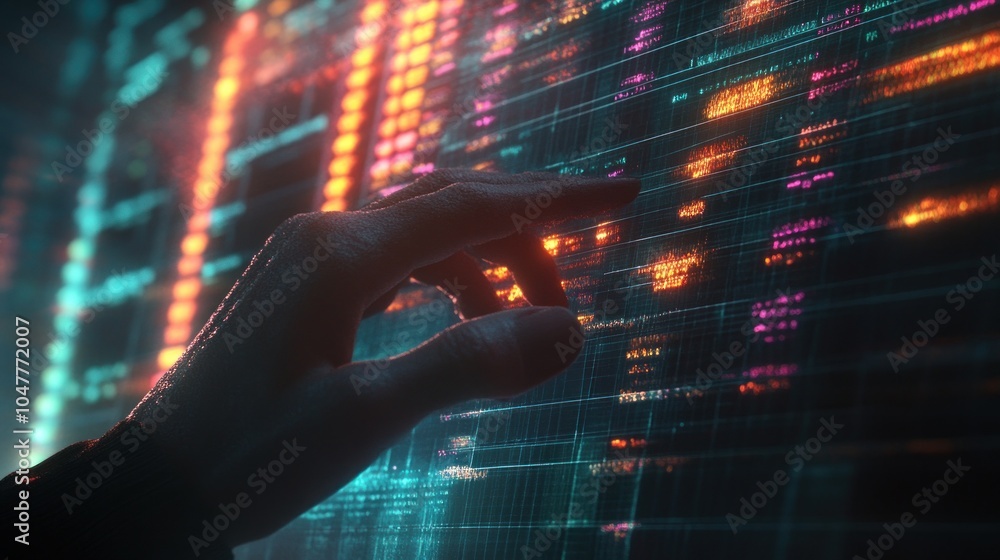 Poster a hand reaches out to touch a screen displaying glowing lines of code.