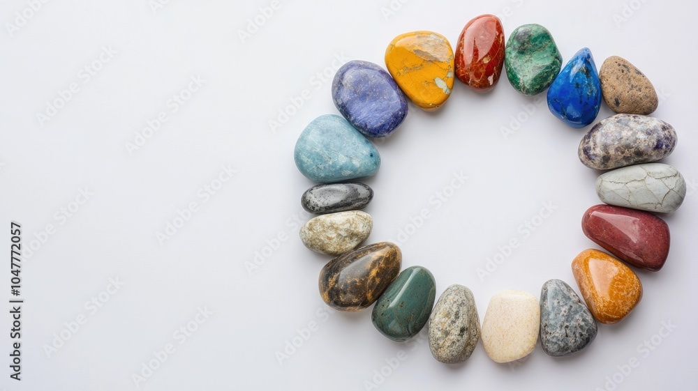 Poster assorted colorful stones arranged in circular pattern on white background