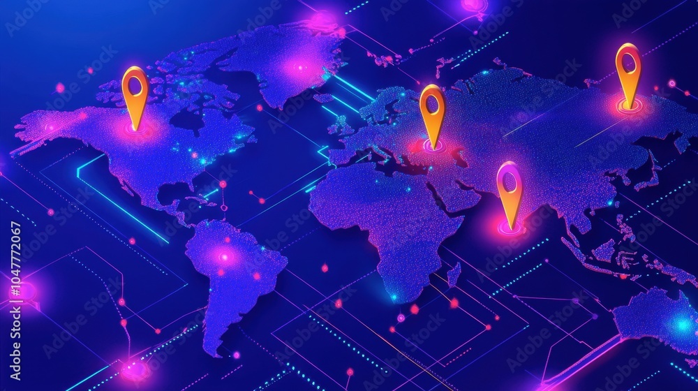 Poster global network map with location pins and neon effects