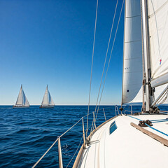 Fototapeta premium A sailboat sails across the ocean on a sunny day, with two other sailboats visible in the distance