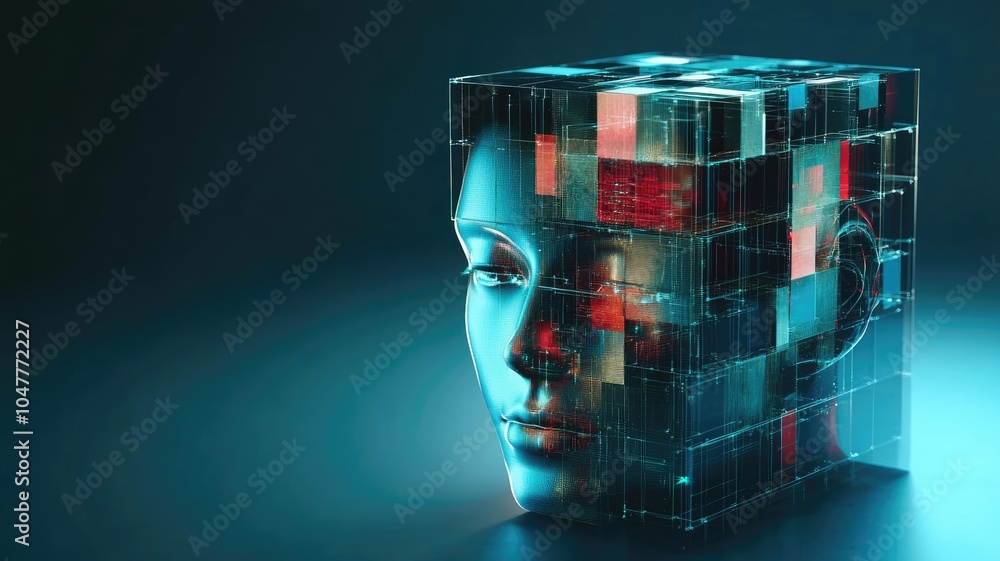 Poster abstract digital art of 3d human head blended with cubic grid pattern futuristic and technological