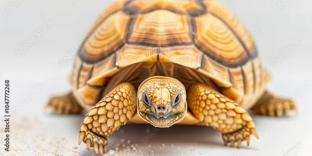 Poster desert tortoise with a distinct domed shell is slowly advancing showcased against a bright clean whi