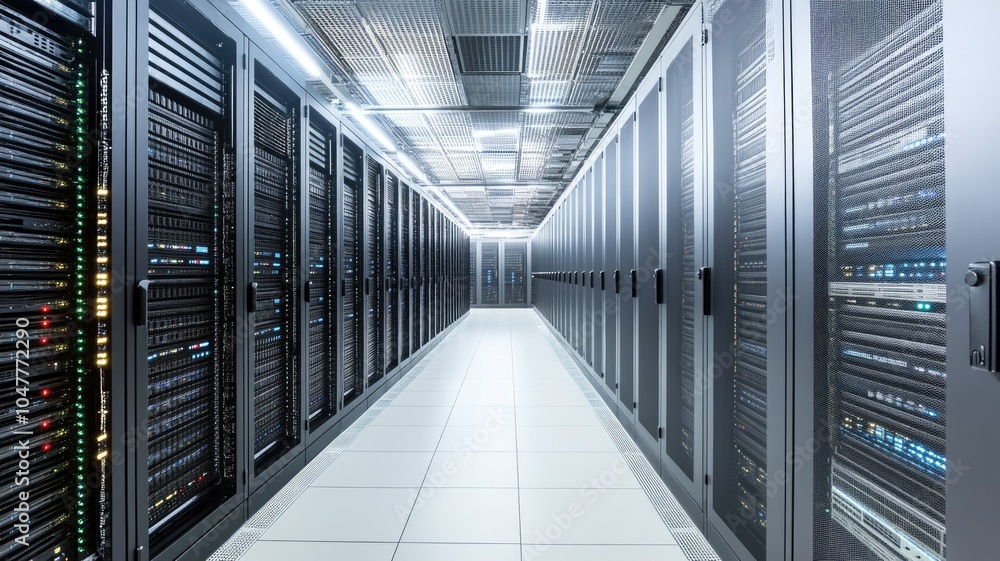 Aufkleber data center with rows of server racks and cables