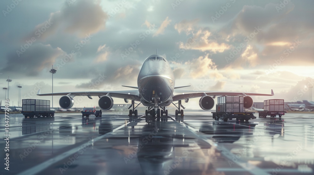 Aufkleber a cargo airplane is positioned on the runway, ready for loading and unloading operations amidst clou