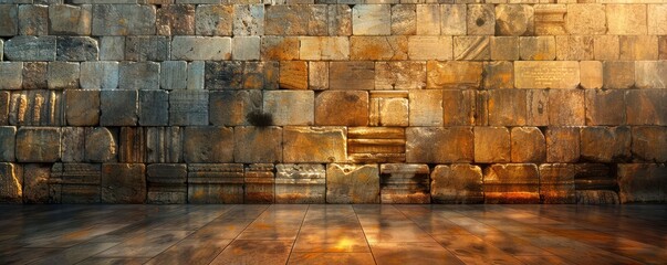 The Western Wall in Jerusalem with people praying. Historic sacred site under warm sunlight. Free copy space for banner.
