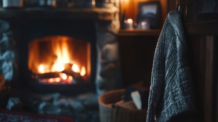 Cozy scene by fireplace, knitted sweater hanging, warm ambiance