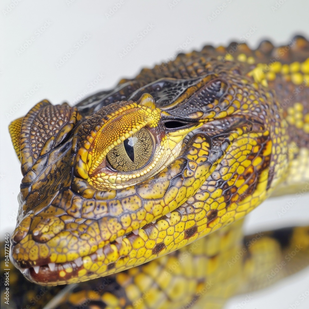Poster this striking dwarf caiman rests in isolation on a white background emphasizing its textured skin an