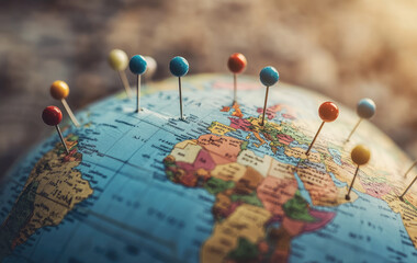 Close-up of globe with pins marking different locations under natural light