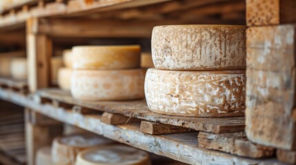 Goat Milk Cheese Aging Artisanal aging of goat milk cheese in a cool cellar, with cheese wheels maturing on wooden boards, perfect for cheese connoisseurs and culinary photography