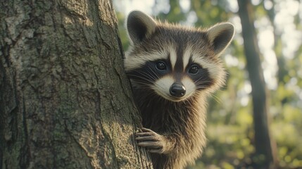 A curious raccoon peeks out from behind a tree trunk in a forest, looking directly at the camera.