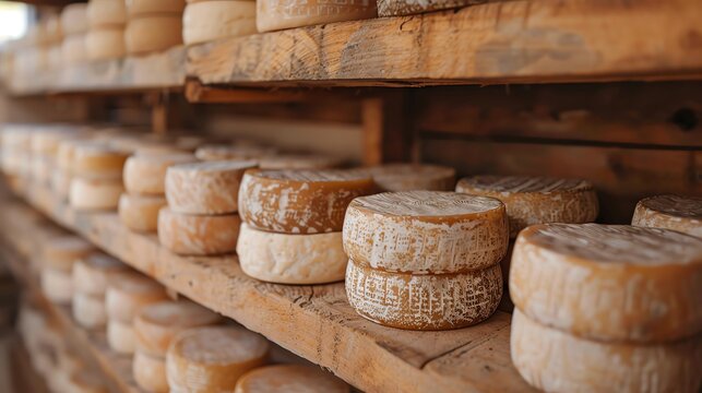 Goat Milk Cheese Aging Artisanal goat milk cheese aging in a traditional cellar