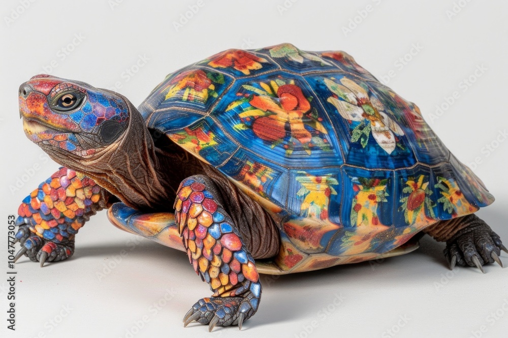 Poster eastern box turtle remains stationary against a white background highlighting its colorful shell cov