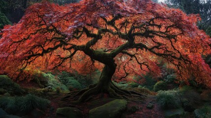 Naklejka premium Vibrant Red Maple Tree in Autumn Foliage