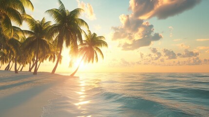 Obraz premium Serene Sunset Over Tropical Beach with Palm Trees