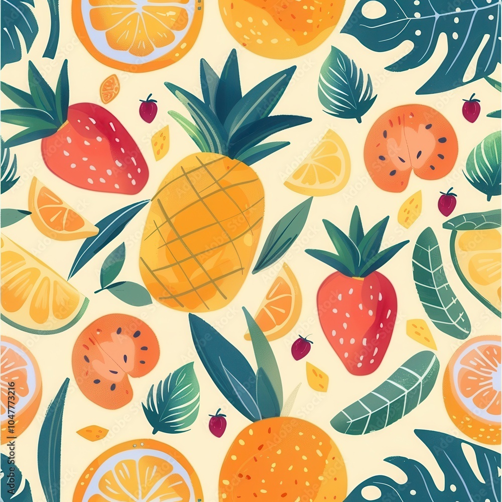 Poster Brightly colored tropical fruits including pineapples, strawberries, and citrus are arranged in a lively pattern on a light backdrop. Generative AI
