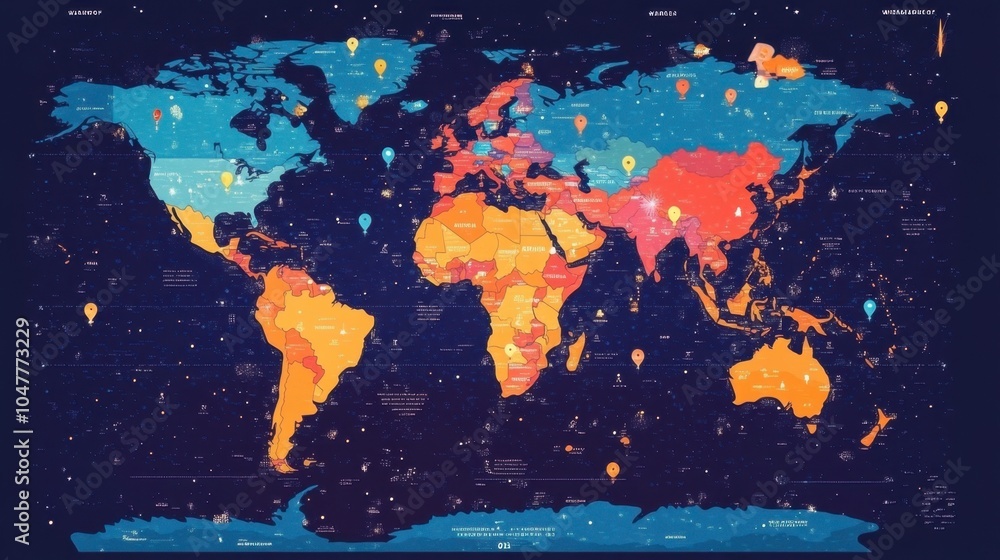 Poster colorful world map with geometric patterns and markers
