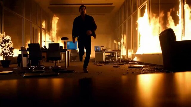 a man running in the middle of fire office burned