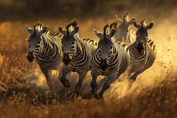 Obraz premium A spirited image of zebras sprinting across the grassland, capturing their lively energy.